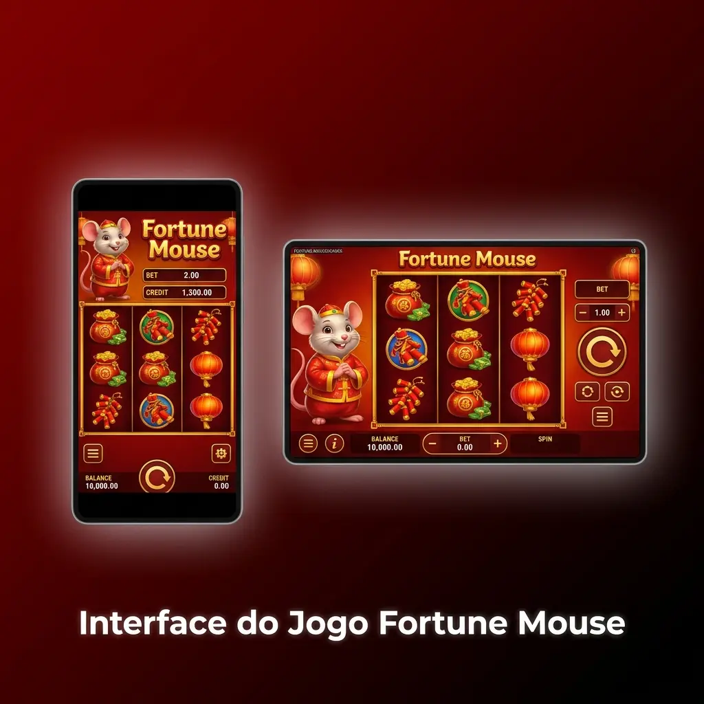 Interface do jogo Fortune Mouse com rolos centralizados, controles de aposta e design colorido temático para desktop e celular